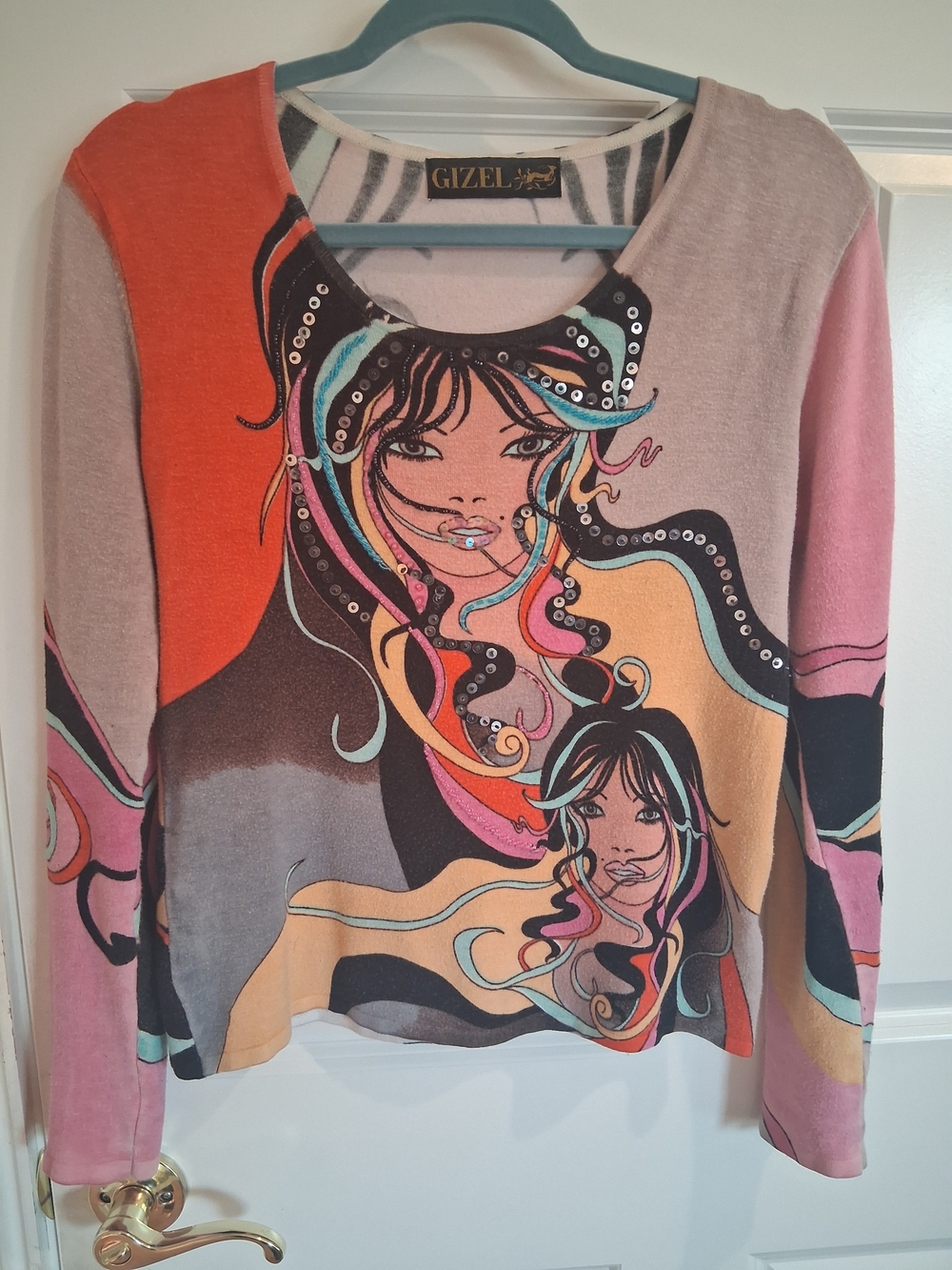 Gizel Pink Multi-Color Graphic Long-Sleeve Tee